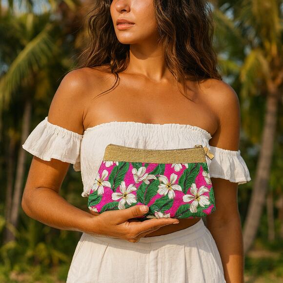 Tropical Floral Cosmetic Bag Pink & Woven Straw Trim Zip Pouch - Picture 1 of 5